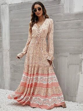 Floerns Women's Floral Print Boho V Neck Long Sleeve Flowy Maxi Dress